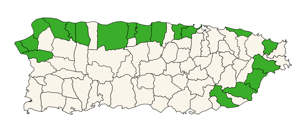 Mapa de Puerto Rico con los pueblos donde se han hecho actividades de Rescate  Costero